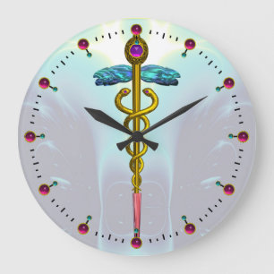 Relógio Grande Caduceu Médico Dourado Símbolo Azul Água Verde-cla