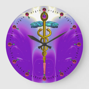 Relógio Grande Caduceu Médico Dourado Símbolo Ultra Violeta Roxo