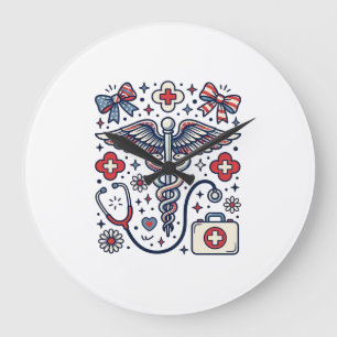 Relógio Grande Caduceu Médico Vintage Patriota Enfermeira Vetor D