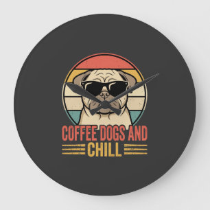Relógio Grande Cães de Café e Pug Retro Chill