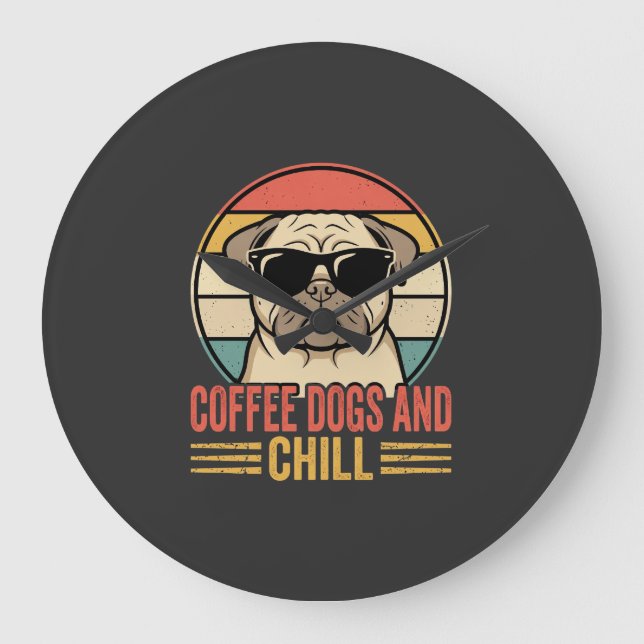 Relógio Grande Cães de Café e Pug Retro Chill (Frente)