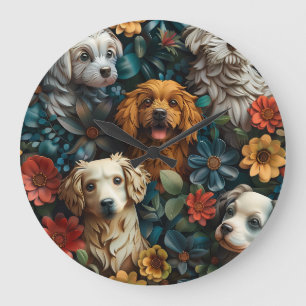 Relógio Grande Cães e flores coloridas design