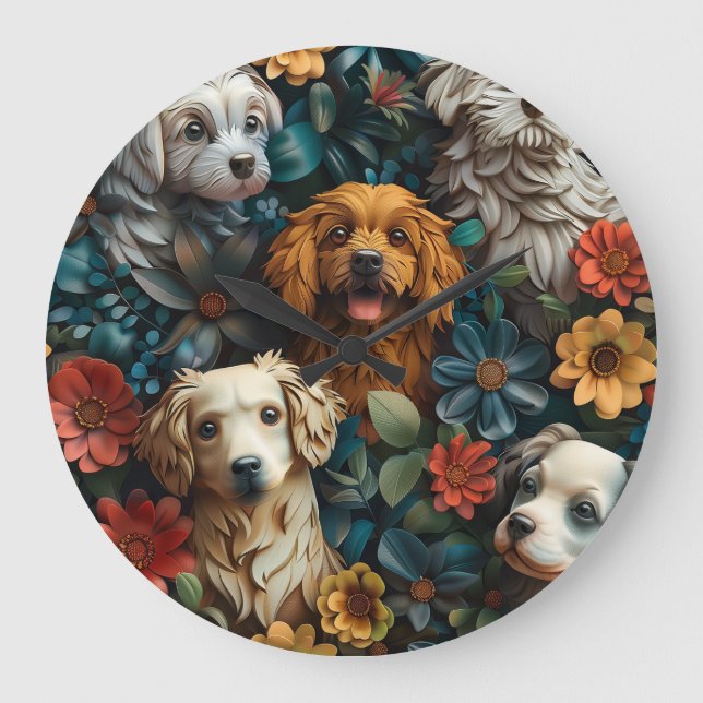 Relógio Grande Cães e flores coloridas design (Frente)
