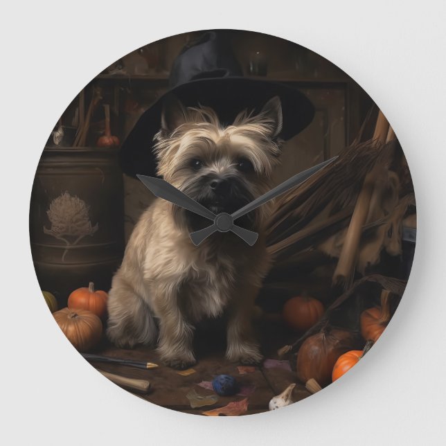 Relógio Grande Cairn Terrier Abóboras Dia das Bruxas Assustador (Frente)