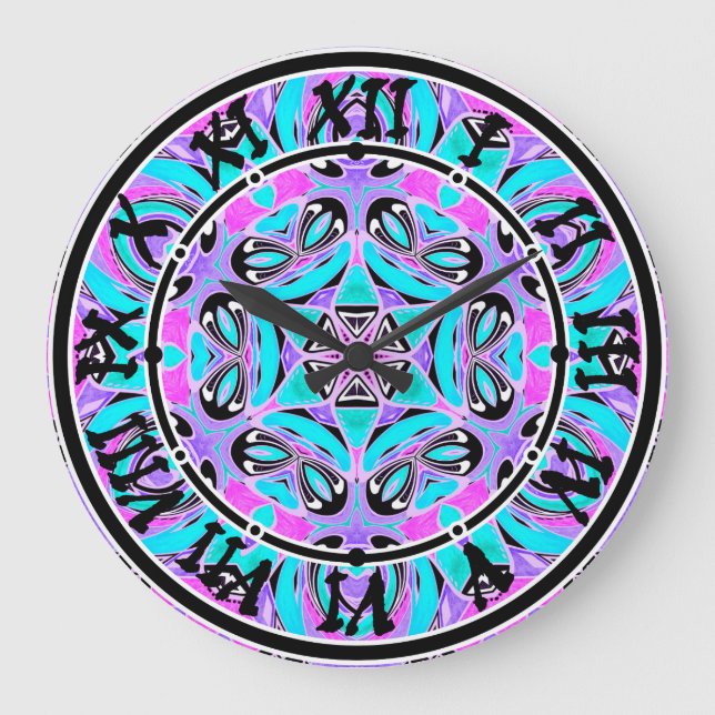 Relógio Grande Caleidoscópio de néon, mandala (Frente)