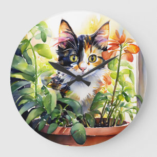 Relógio Grande Calico Cat Por Trás De Planta Vibrante