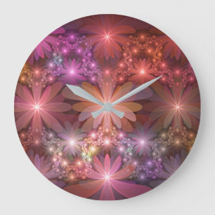 Relógio Grande Cama De Flores Colorida Abstrata Arte Fractal Bril