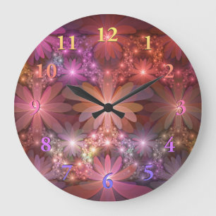 Relógio Grande Cama De Flores Colorida Abstrata Arte Fractal Bril
