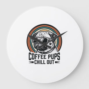 Relógio Grande Camisa de Cachorro Café Retro Chill Pug Gráfico_1