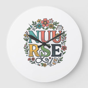 Relógio Grande Camisa de Enfermeira Floral Design Arte Médica Vin