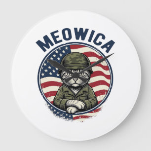 Relógio Grande Camisa de Gato Patriótico Meowica com Gravura Vint
