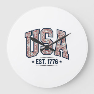 Relógio Grande Camisa de Gravura Patriótica Vintage EUA Est 1776_