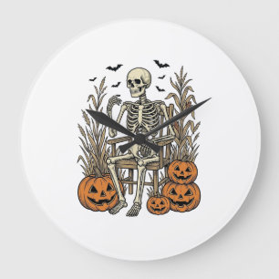 Relógio Grande Camisa de Halloween Vintage Esqueleto e Abóboras D