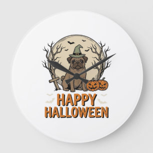 Relógio Grande Camisa de Halloween Vintage Pug Dog Witch Hat Desi