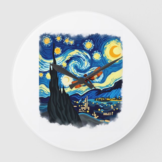 Relógio Grande Camisa de Libélula Artística Van Gogh Noite Estrel (Frente)