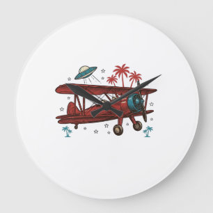 Relógio Grande Camisa de Viagem Tropical OVNI Biplano Vintage Des