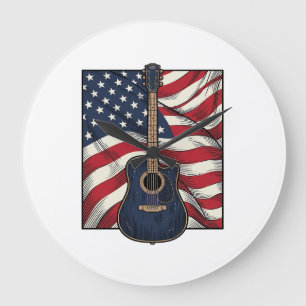 Relógio Grande Camisa Vetorial da Bandeira Patriótica da Guitarra