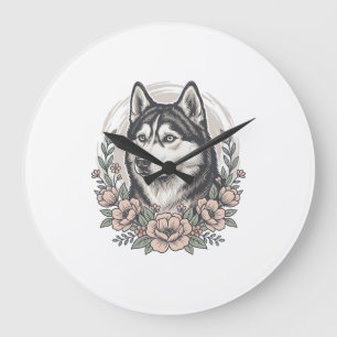 Relógio Grande Camisa Vintage Husky Floral Portrait Design_1
