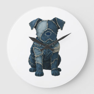 Relógio Grande Camiseta de Cachorro de Arte em Remendo de Jeans F