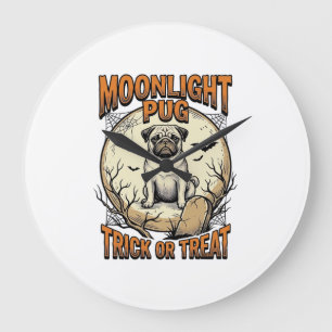 Relógio Grande Camiseta de Halloween de Pug com Lua de Gravura Vi