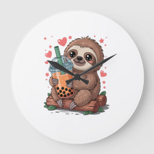Relógio Grande Camiseta de Sloth Bebendo Chá Boba Bubble Kawaii