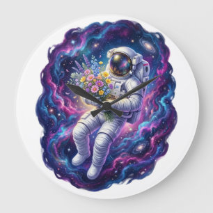 Relógio Grande Camiseta Gráfica Espacial Astronauta com Flores Si