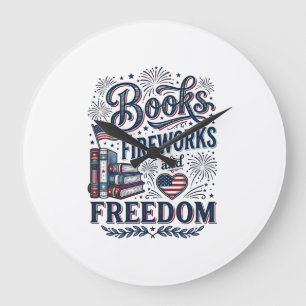 Relógio Grande Camiseta Leitor Patriótico Livros Fogos de Artifíc