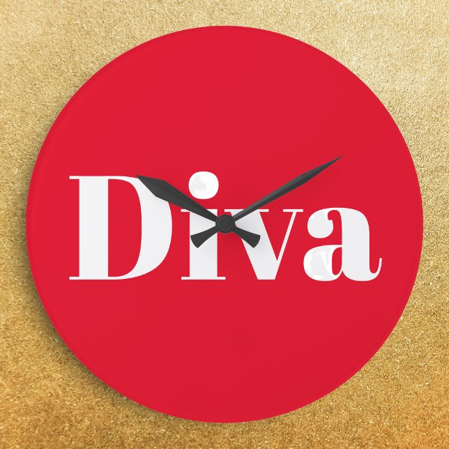 Relógio Grande Cantora de Ópera Diva Intérprete Musical Tema Musi (A stylish wall clock in bright red with 'Diva' in large white lettering)