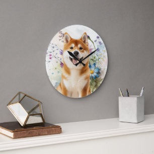 Relógio Grande Cão Akita Shiba Inu com Flores de Aquarela Azul
