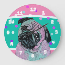 Relógio Grande Cão artístico do Pug na turquesa cor-de-rosa e