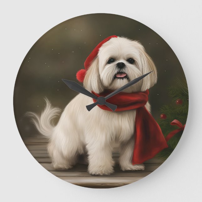 Relógio Grande Cão Lhasa Apso na Neve Natal (Frente)