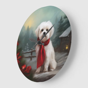 Relógio Grande Cão Maltês na Neve Natal