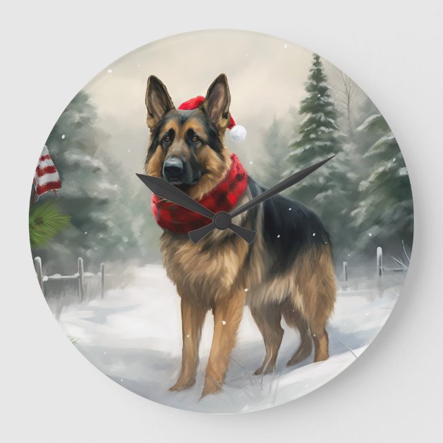 Relógio Grande Cão Pastor Alemão no Natal com Neve (Frente)