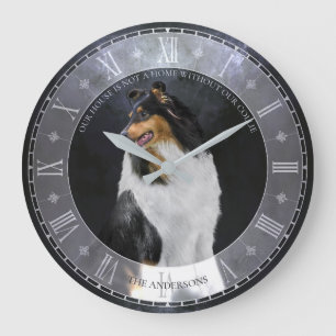 Relógio Grande Cão Rough Collie Tricolor em Preto, Dial Romano -