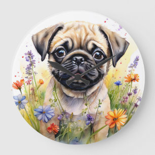 Relógio Grande Cãozinho de Aquarela Enroladinho em Flores Selvage