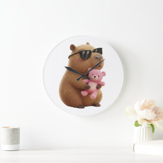 Relógio Grande Capivara Relaxada com Urso de Pelúcia Rosa