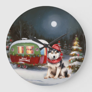 Relógio Grande Caravana de Natal de Inverno com Husky Siberiano