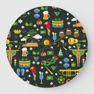 Relógio Grande Carnaval brasileiro, textura plana vintage.