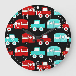 Relógio Grande Carros vintage Vermelhos Turquesa do Retro-Camping
