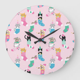 Relógio Grande Cartoon Cats Natal Padrão Sem Costura
