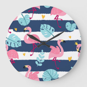 Relógio Grande Cartoon Flamingos: Vintage Tropical de Verão.