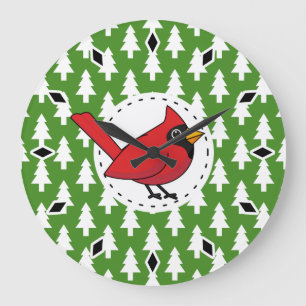 Relógio Grande Cartoon Red Cardinal sobre Pinheiros Brancos Verde