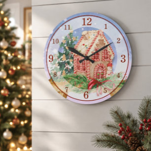 Relógio Grande Casa de Biscoito de Natal Aquarela Acrílico