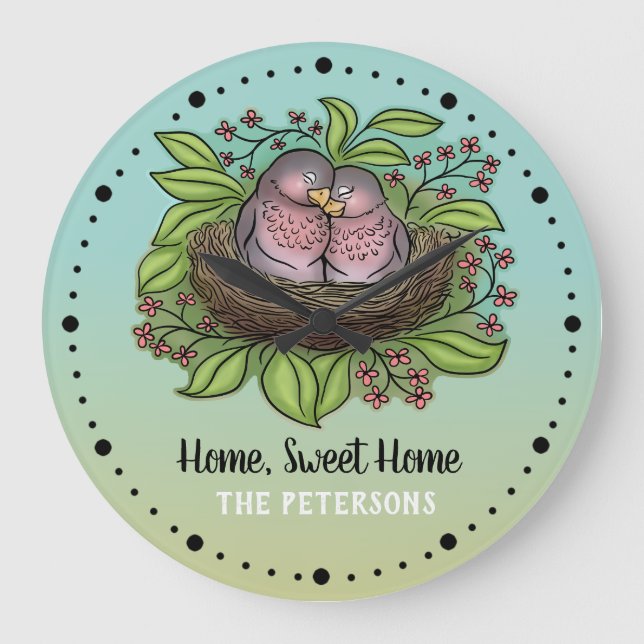 Relógio Grande Casal Lovebird no Nest Home Sweet Home (Frente)