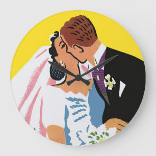 Relógio Grande Casamento Antigo, Noivos Recém-Casados Beijando
