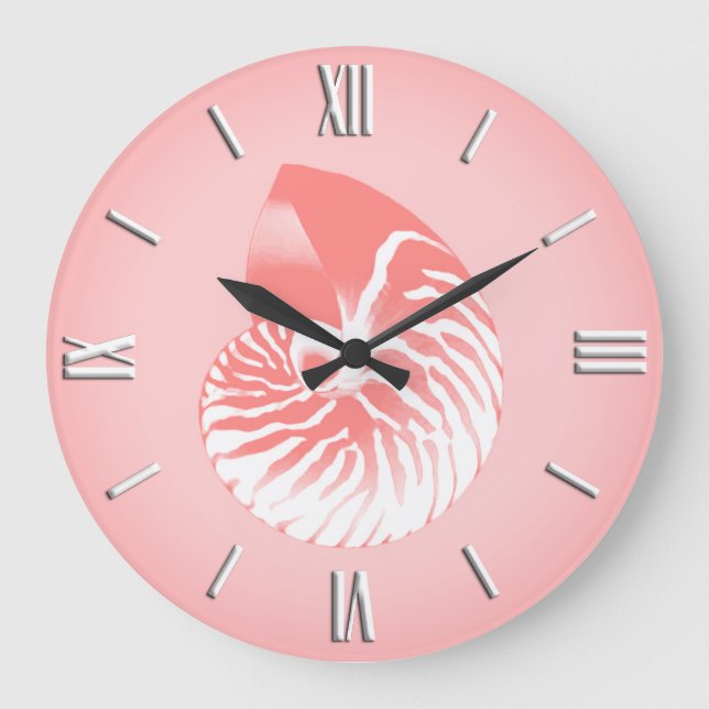 Relógio Grande Casca de Nautilus - cor-de-rosa e branca (Frente)