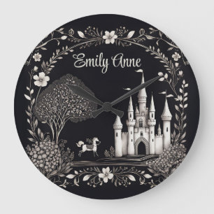 Relógio Grande Castelo de Fairytales Negro e Branco com Cavalo