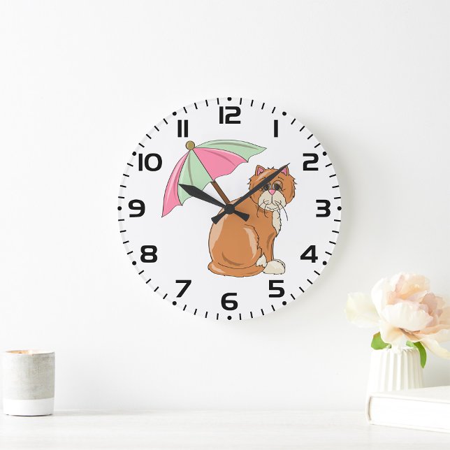 Relógio Grande Cat de praia com guarda-chuva rosa e verde (Criador carregado)