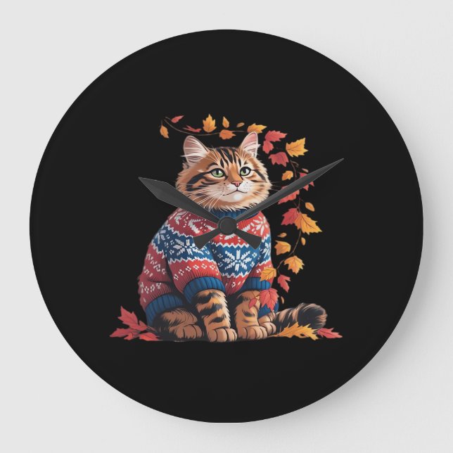 Relógio Grande Cat Leaf Fall Olá Autumn Funny Cat Kitten Lover (Frente)