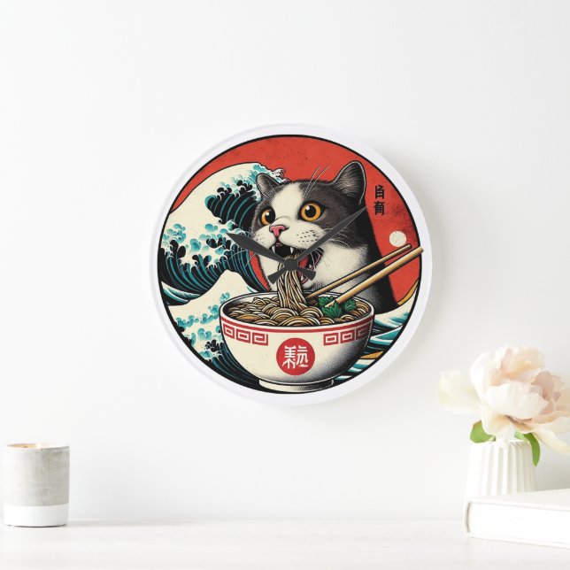 Relógio Grande Cat Ramen Japanese Art Vintage Style (Lar)
